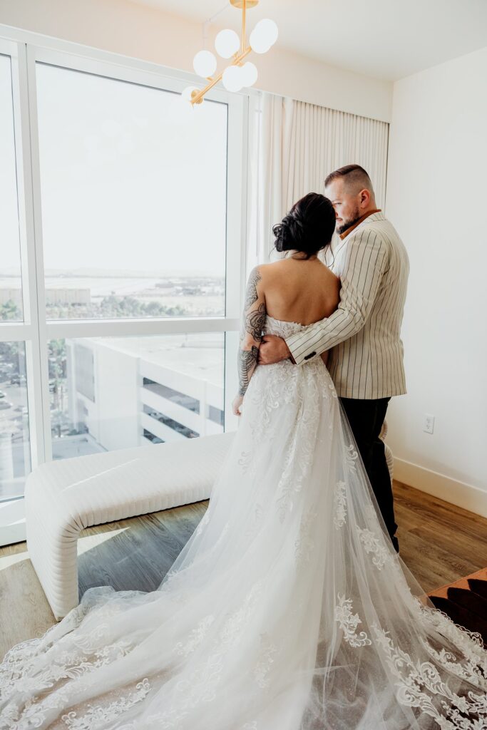 Bride and grooms hotel room portraits