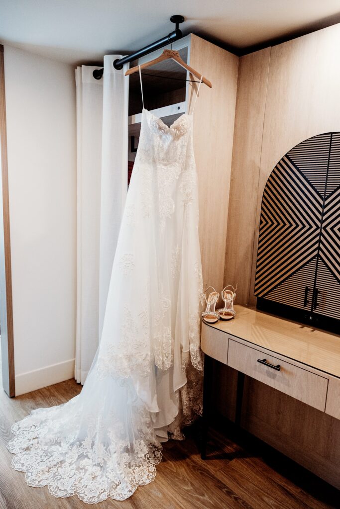 Brides wedding dress hanging