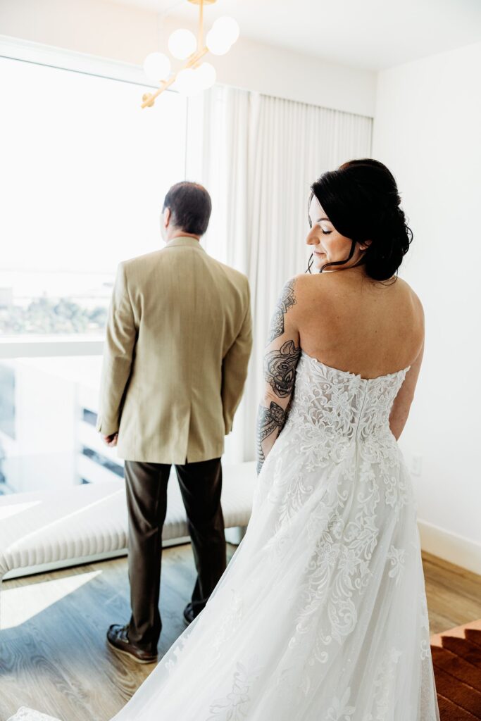 Bride about to share a first look with her father