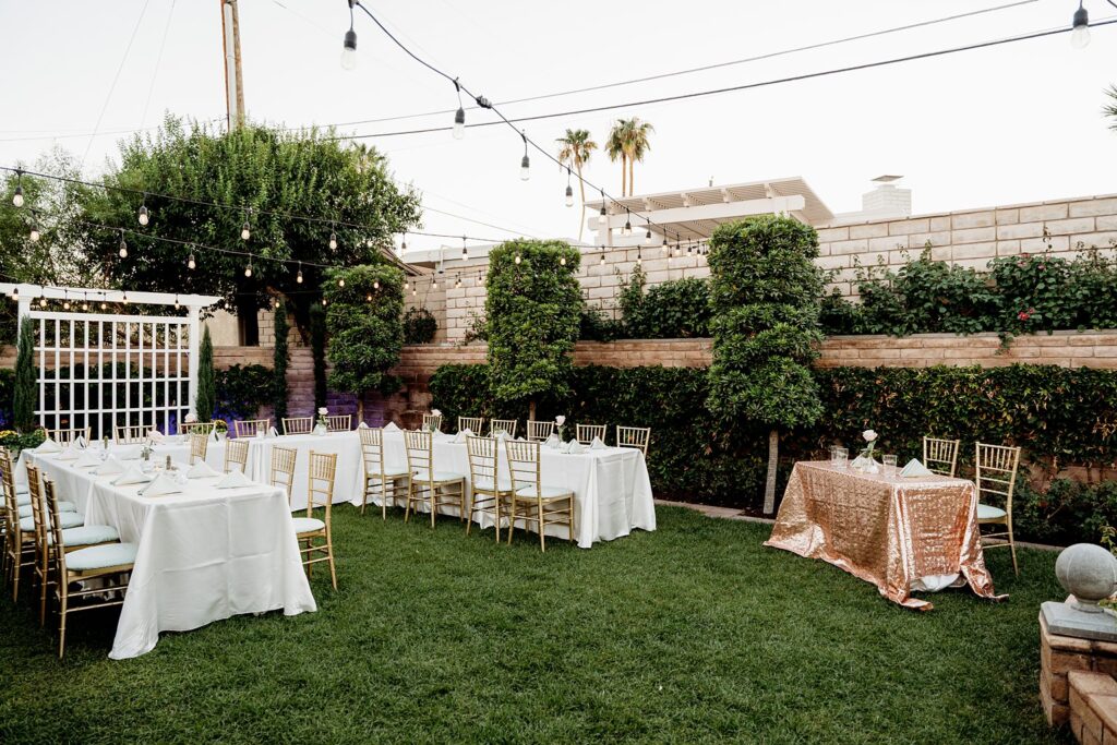 Outdoor Mid Century Manor wedding reception in Las Vegas