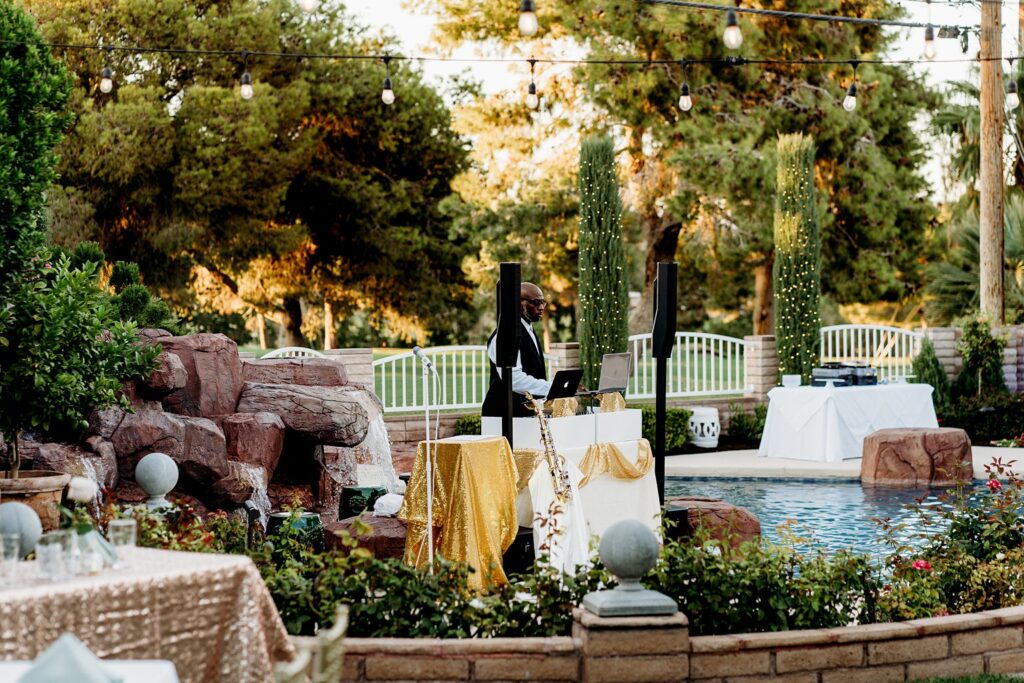 Outdoor Mid Century Manor wedding reception in Las Vegas