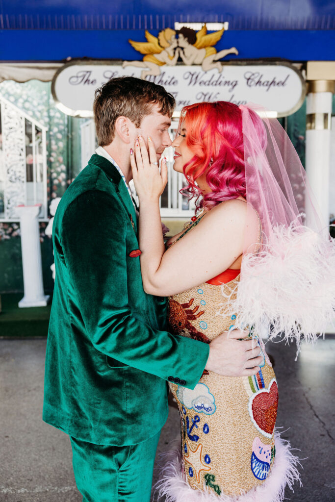 cute couple before their vibrant elopement day ceremony in las vegas 