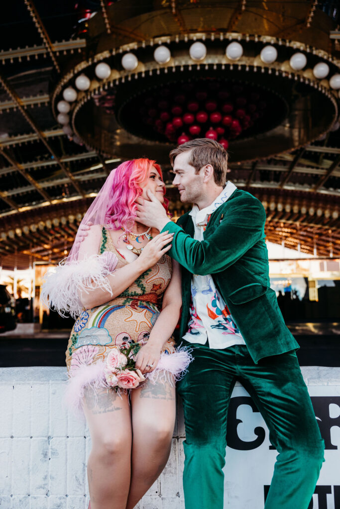 bride and groom exploring downtown las vegas