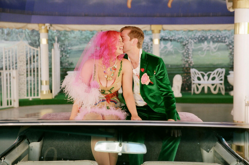 cute couple at their vibrant las vegas elopement day