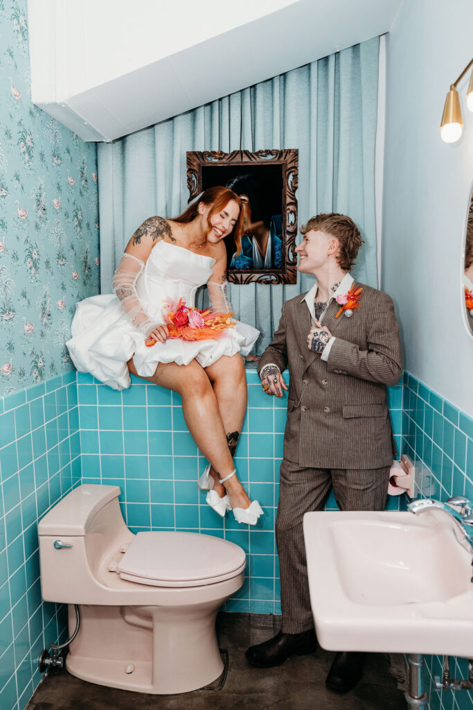 picture of the bride and groom laughing