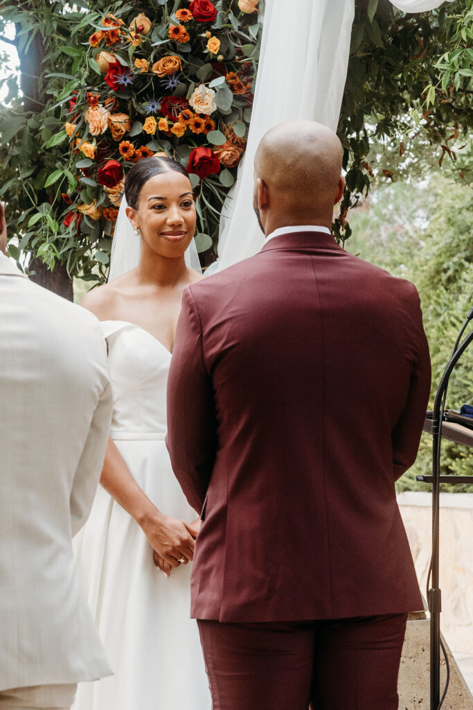 bride emotional during her wedding ceremony