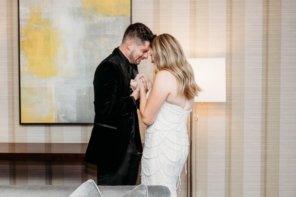 Bride and groom emotional at their first look