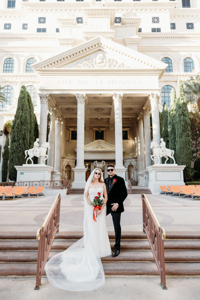 Newly married, couple posing for the camera during their bridal session