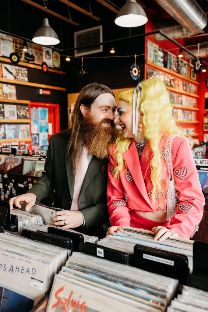 cute picture of the newlyweds laughing with each other