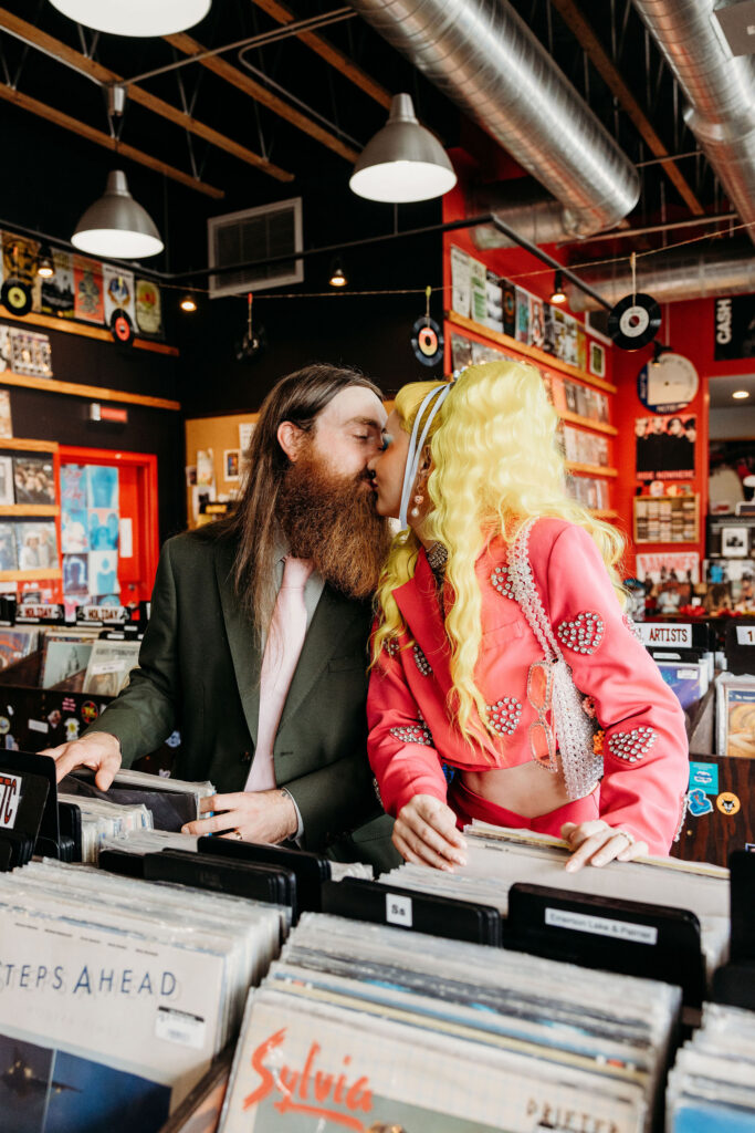 cute portrait of the newlyweds kissing