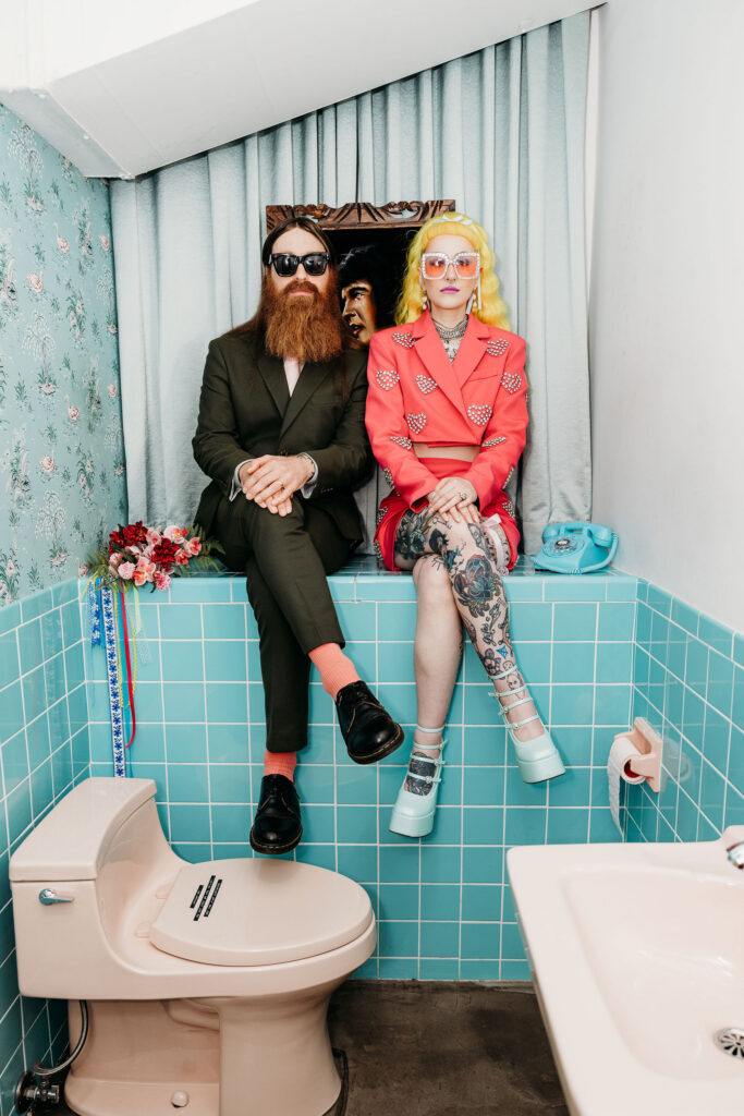 newly married couple at their playful bridal portraits