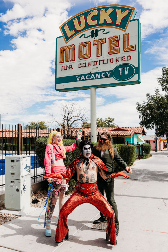 portrait of the newlyweds with hellvis