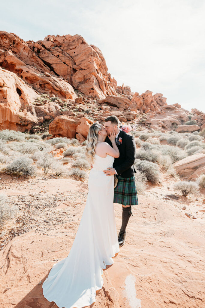 Beautiful portrait of the newly married couple kissing