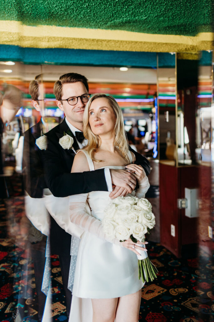 Cute picture of the bride and groom hugging