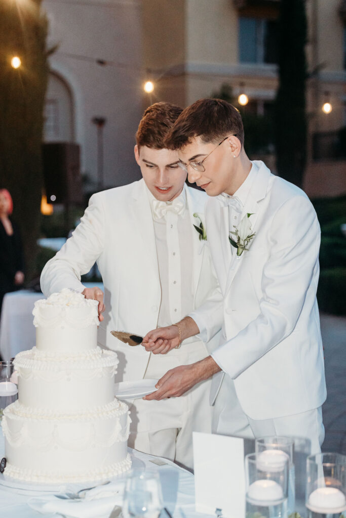 newlyweds cutting their wedding cake