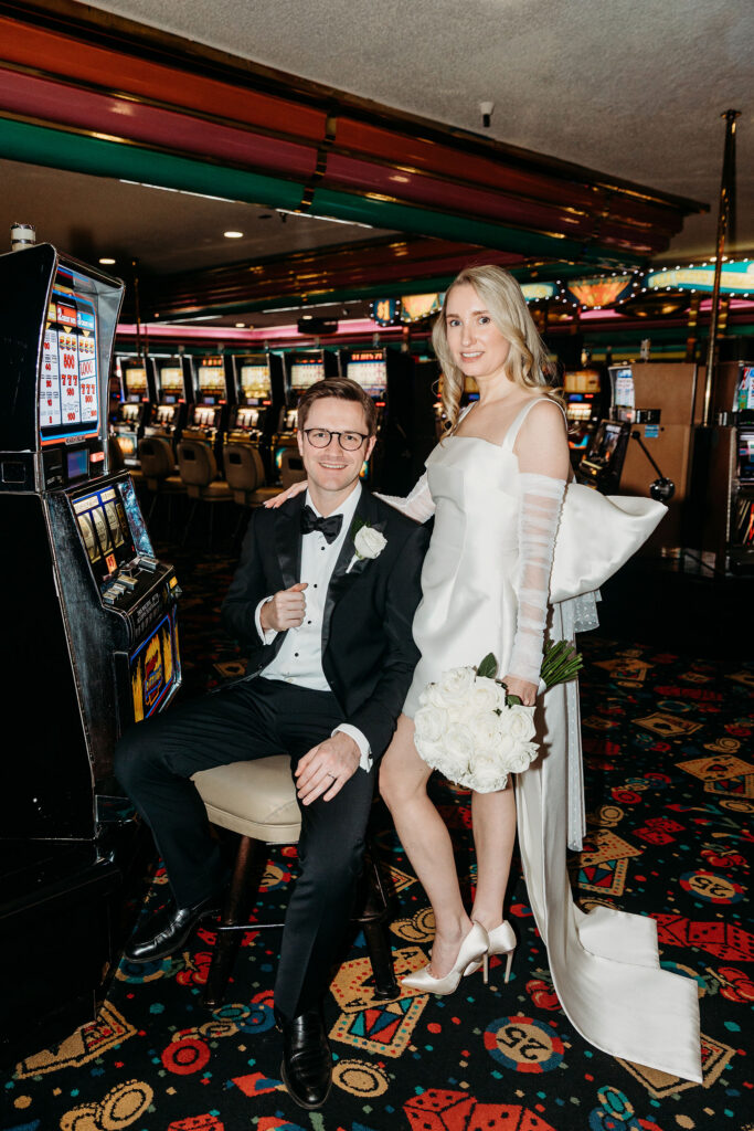 Beautiful picture of the bride and groom at the casino