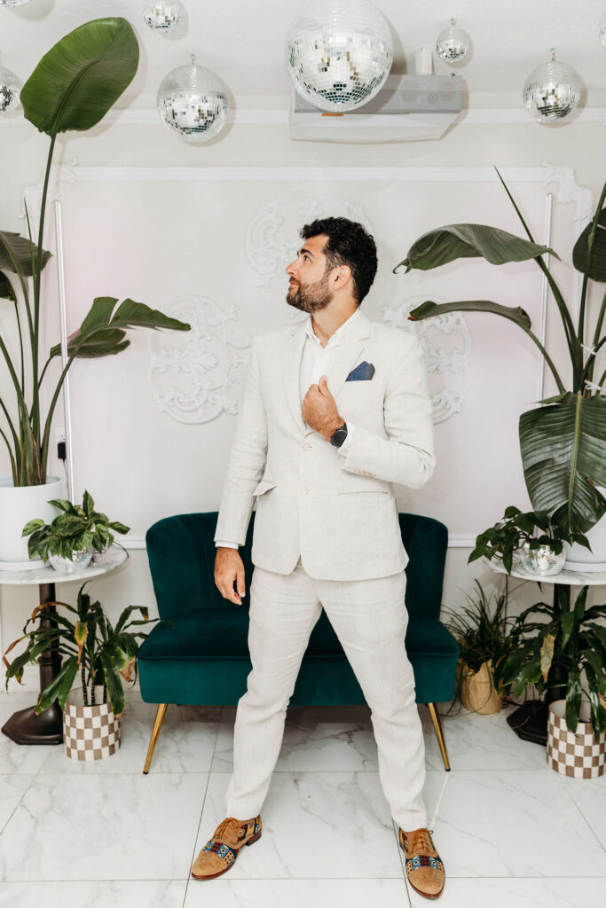 portrait of the groom before heading to his ceremony